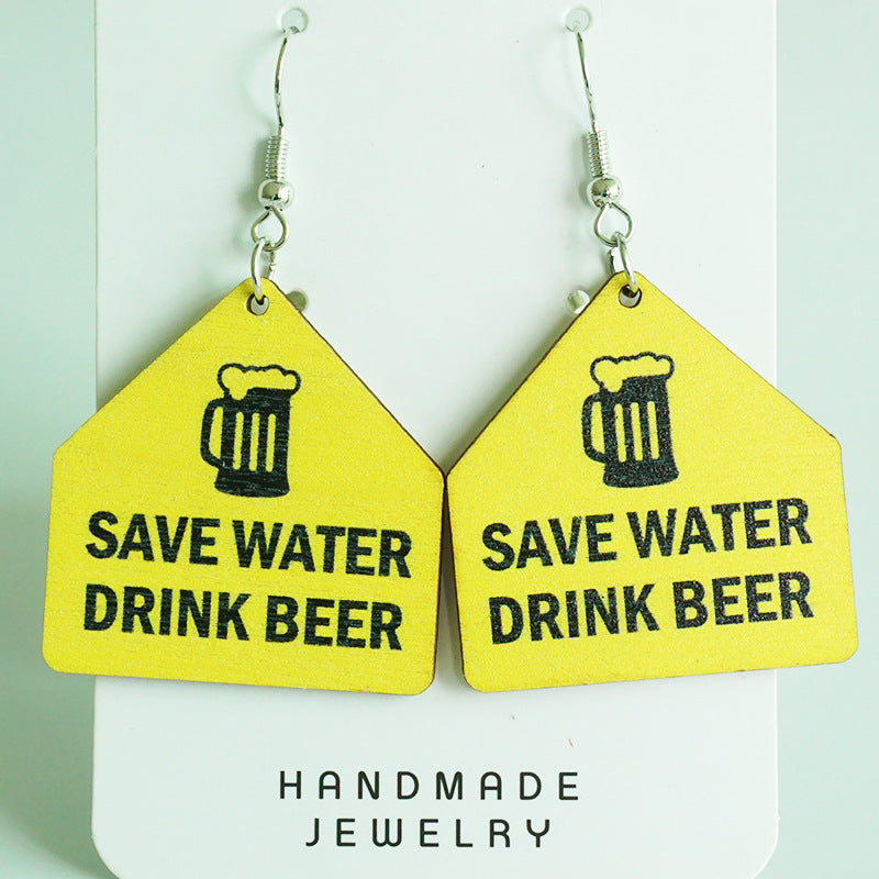 Wholesale 2 Pairs/pack Beer Red Wine Fun Funny Earrings Warning Sign Wooden Earrings ACC-ES-HY086