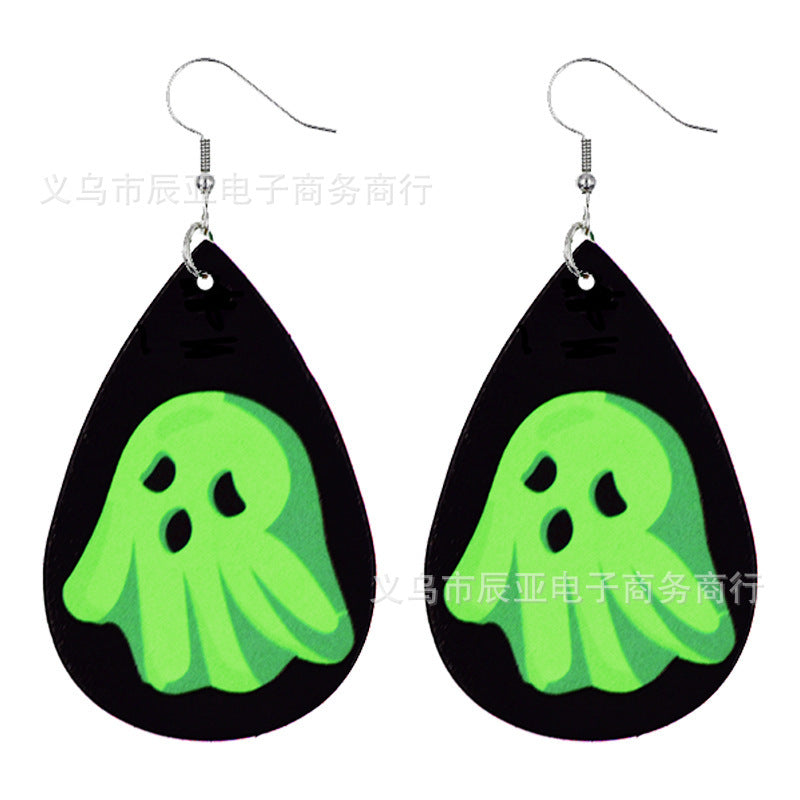 Wholesale Halloween Pumpkin Skull Fluorescent Green Luminous Leather Earrings ACC-ES-ChenY039
