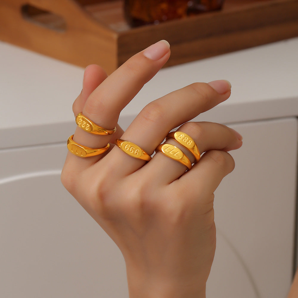 Wholesale Titanium Steel 18K Gold Plated Oval Number Rings ACC-RS-OMK002