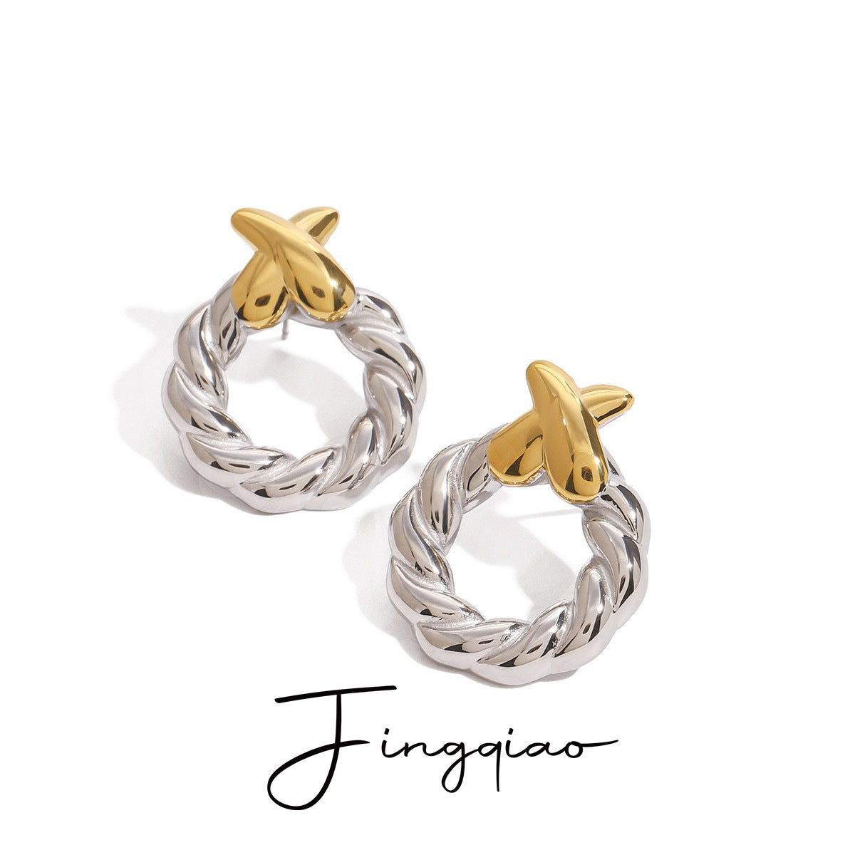 Wholesale  18K gold stainless steel gold and silver color matching  twist ring earrings