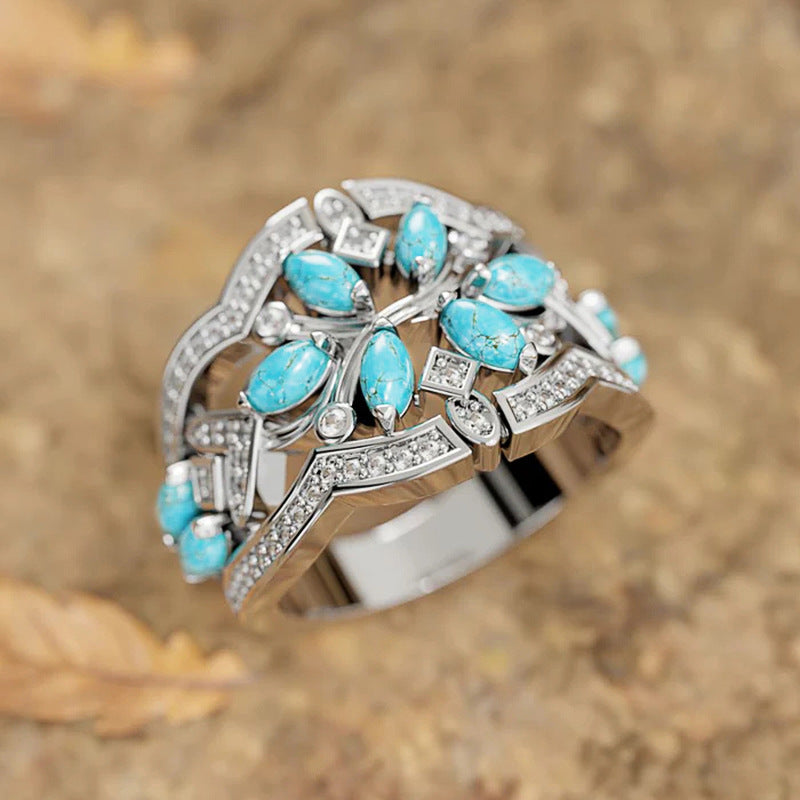 Wholesale New ethnic-inspired exotic ring,  delicate marquise floral design,  niche retro and artistic ring band.