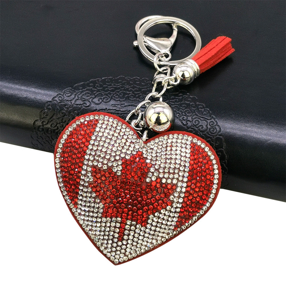 Wholesale  velvet Diamond-embedded peach heart Tassel Keychain