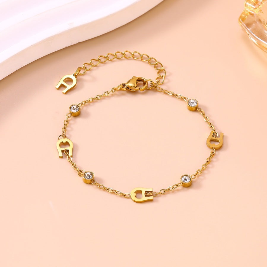 Wholesale Stainless Steel Bracelet with Letter A and Zircon,  Simple Horseshoe Pattern,  Jewelry Accessory Gift