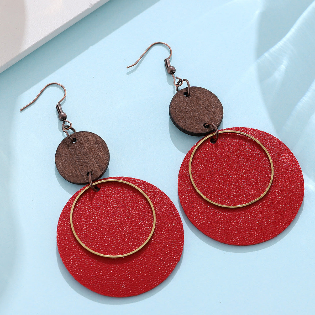 Wholesale Bohemian red black round geometric panel drop earrings