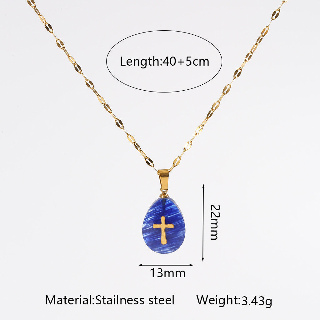 Wholesale Light Luxury Cross Pendant Necklace with Natural Stone,  Stainless Steel Handmade Chain,  Fashion Jewelry Accessory