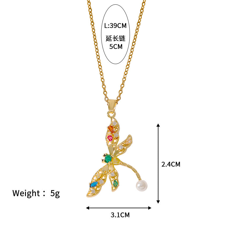 Wholesale  copper plated 18k gold zircon dragonfly pendant painted necklace