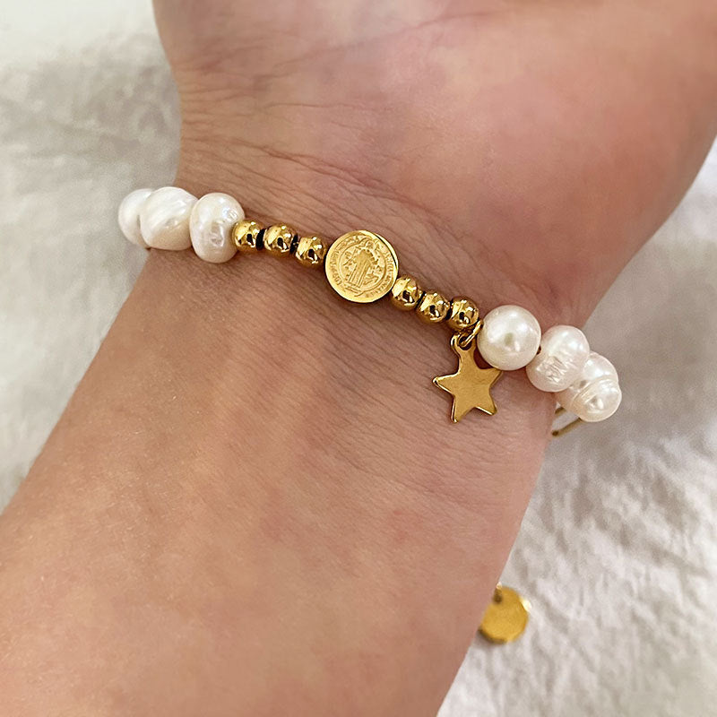 Wholesale stainless steel natural pearl five-pointed bracelet