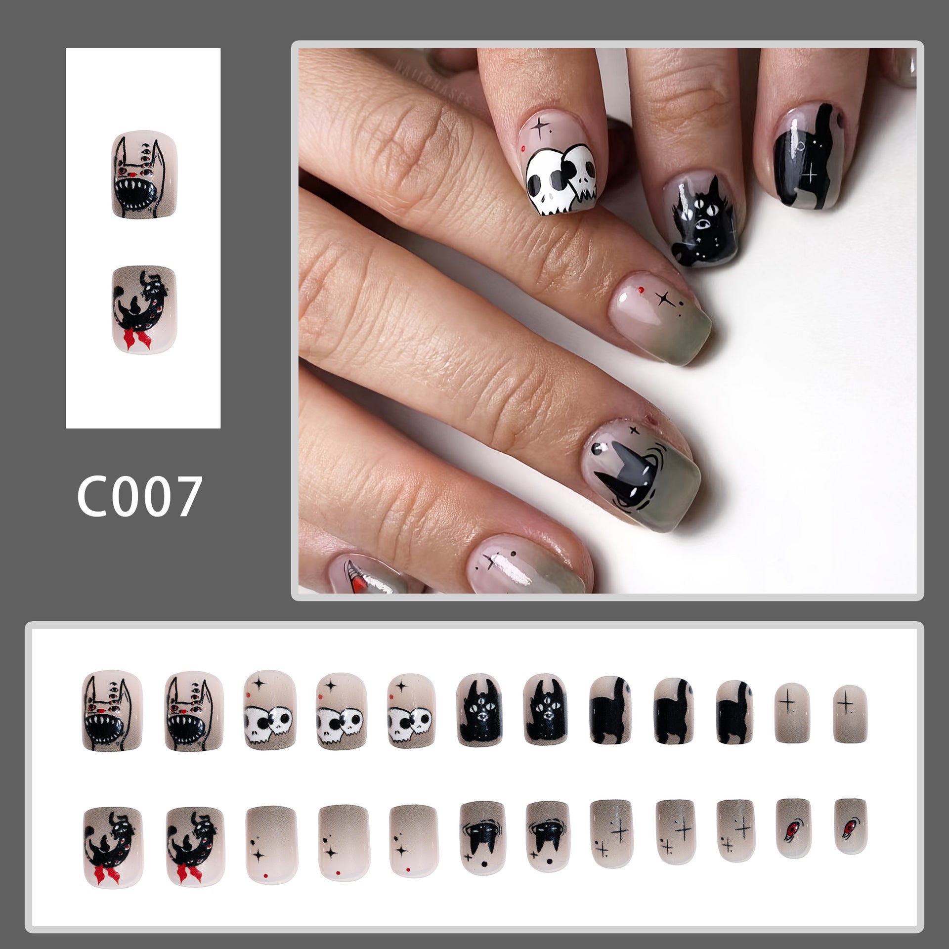 Wholesale 24 Pieces/box Halloween Demon Black Cat Dark Eyes Nail Art Stickers Press-on Nails Kits Nail Stickers ACC-NS-GuaiXL043