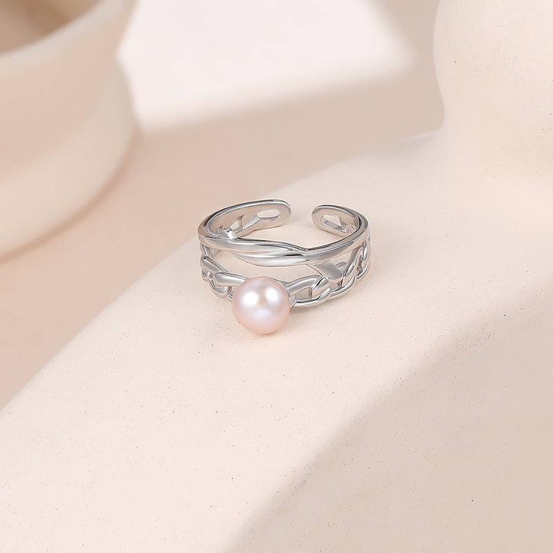 Wholesale 925 Sterling Silver Pearl Ring  Geometric Hollow Adjustable Opening Rings