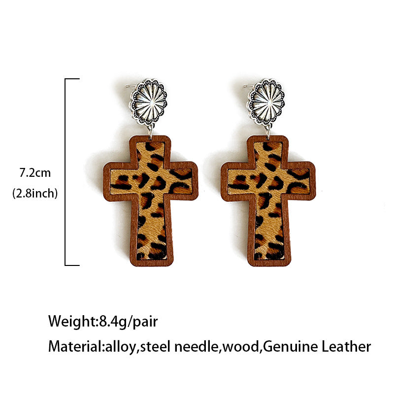 Wholesale Wooden and leather cross leopard print earrings