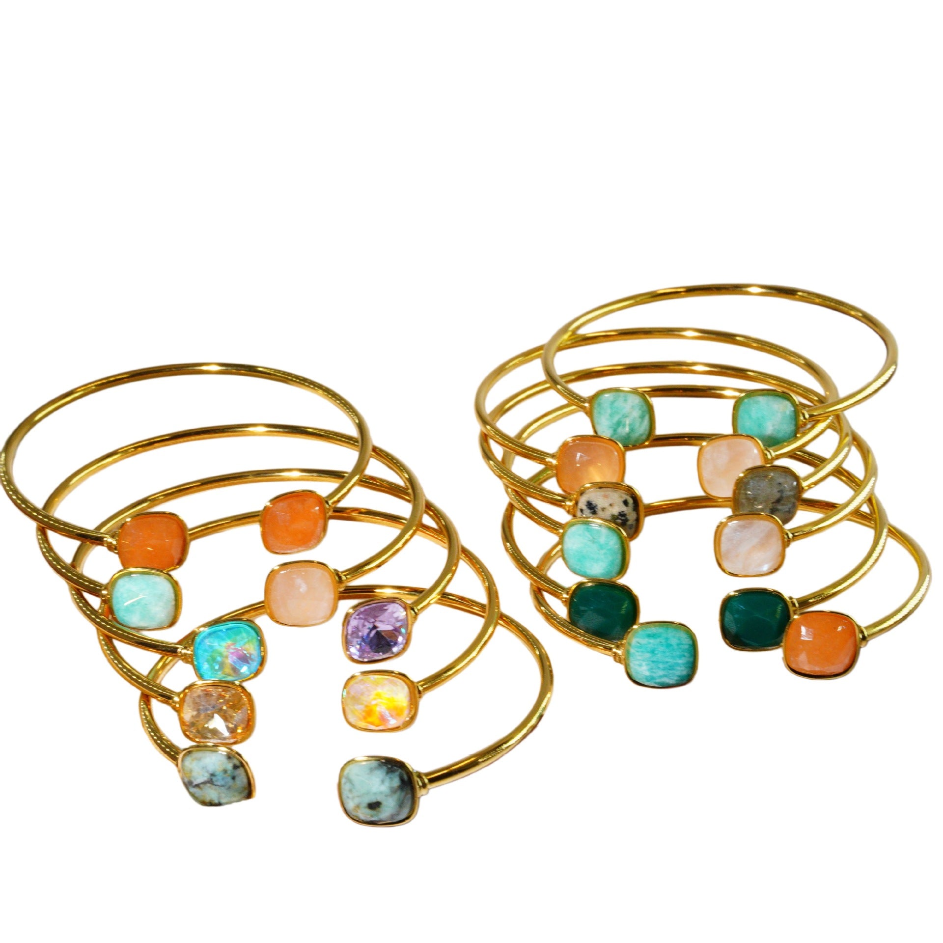 Wholesale Modern Minimalist Double Gemstone Inlaid Stainless Steel Open Bracelet Fashion Accessory Boutique Resale Gift