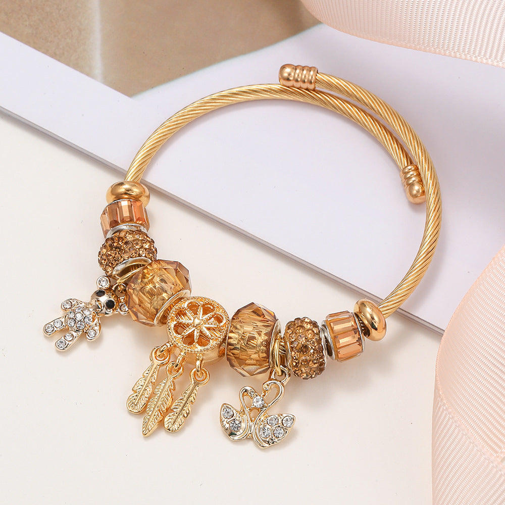 Wholesale DIY Stainless Steel Bracelet Bear Swan Pendant Gold Bracelet ACC-BT-Weiy014