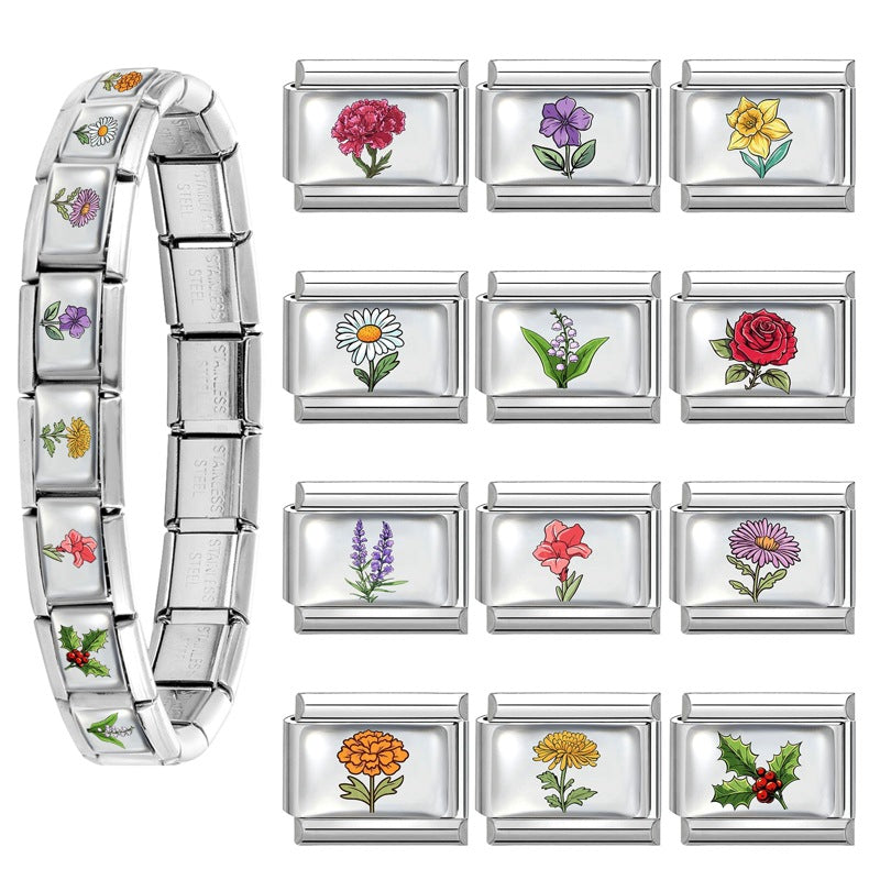 Wholesale Stainless Steel Electroplated DIY Bracelet Charm Month Flower Module for Everyday Wear Jewelry Accessory