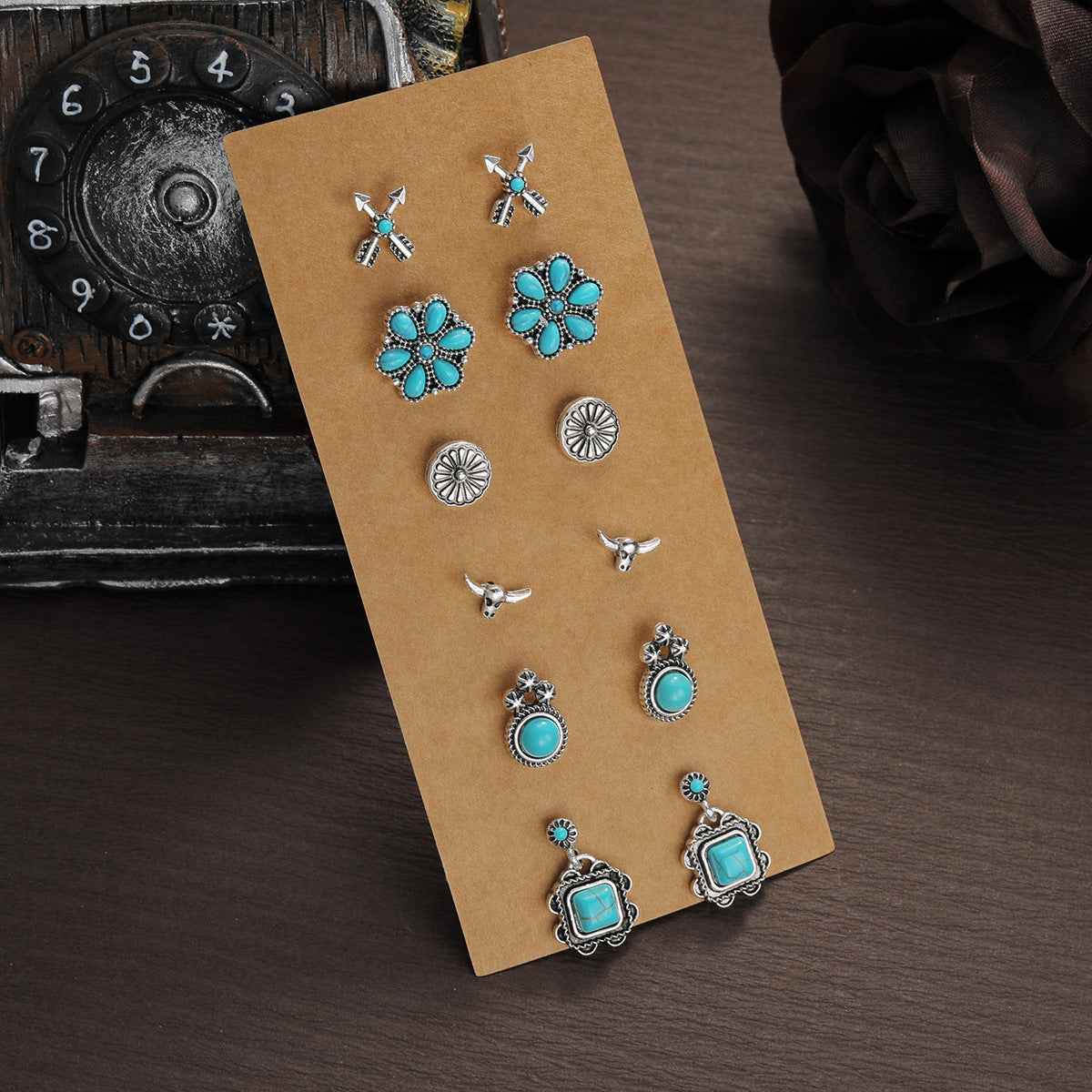 Wholesale Western-style turquoise heart earrings 6-piece set