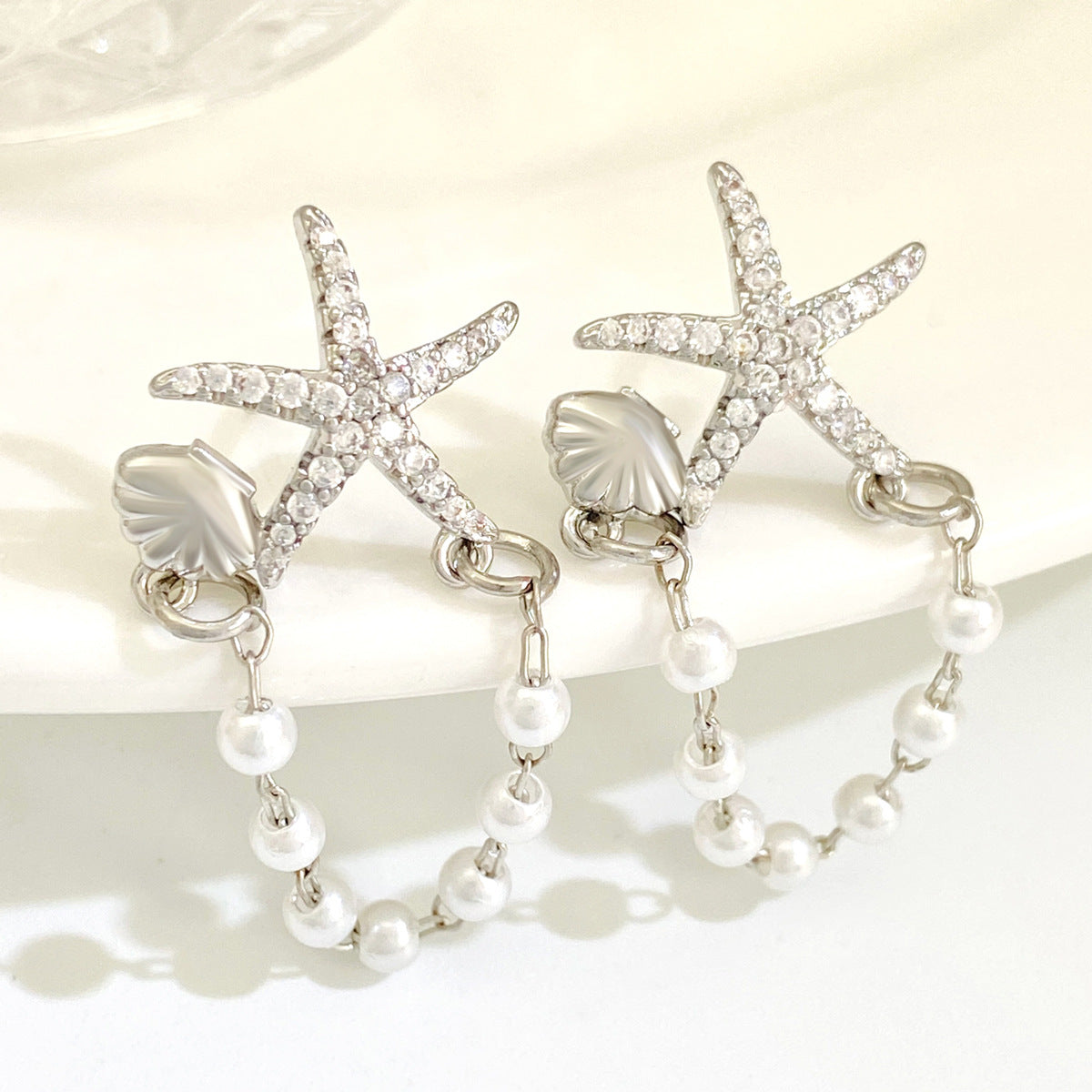 Wholesale Tassel Diamond Starfish  Pearl Earrings