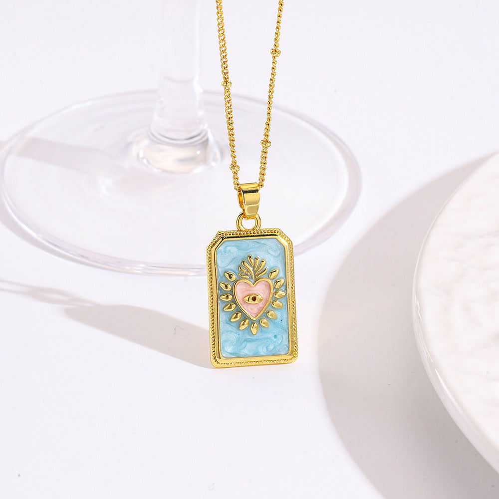 Wholesale square color dripping copper love conch shell eye moon jellyfish tarot pendant necklace