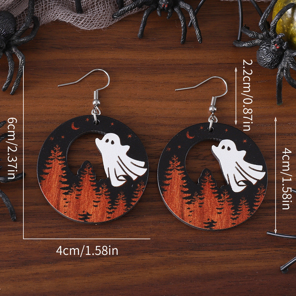 Wholesale Halloween Western Style Pine Ghost Round Wood Gothic Style Earrings ACC-ES-ChuLian044