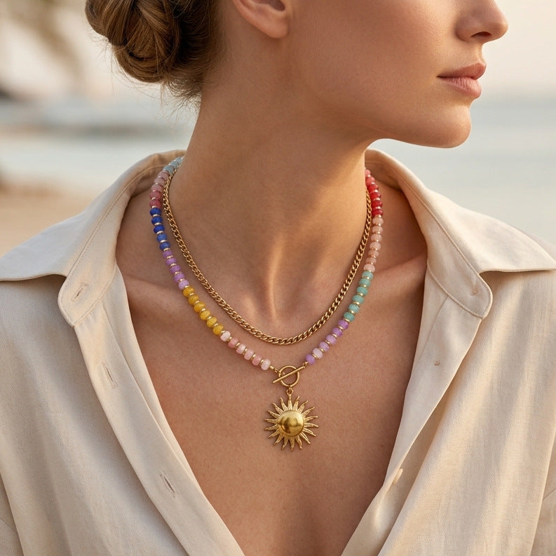 Wholesale Rainbow Layered Beaded Necklace Heart Pendant Natural Stone Titanium Steel Chain For Women Boutique Resale