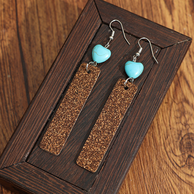 Wholesale Natural Cork Turquoise Long Pendant Western Cowboy Earrings