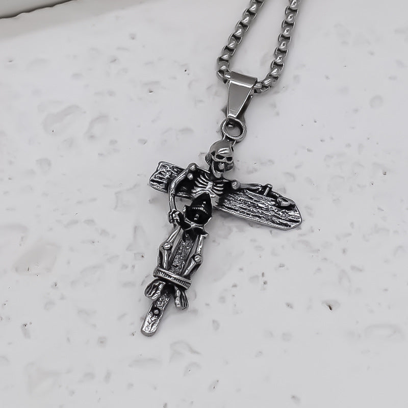 Wholesale Retro Skull Cross Pendant Necklace Silver Alloy Couples Jewelry Fashion Accessory For Boutique Resale