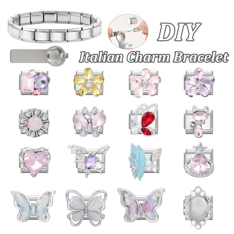 Wholesale DIY Italian Style Butterfly Flower Pearl Bracelet Set Stainless Steel Jewelry Accessory Gift Boutique