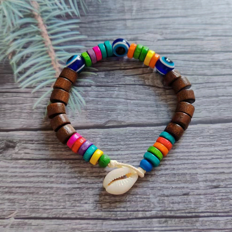 Wholesale Boho Devil's Eye Colored Wooden Beads Natural Shell Bracelet ACC-BT-Youl012