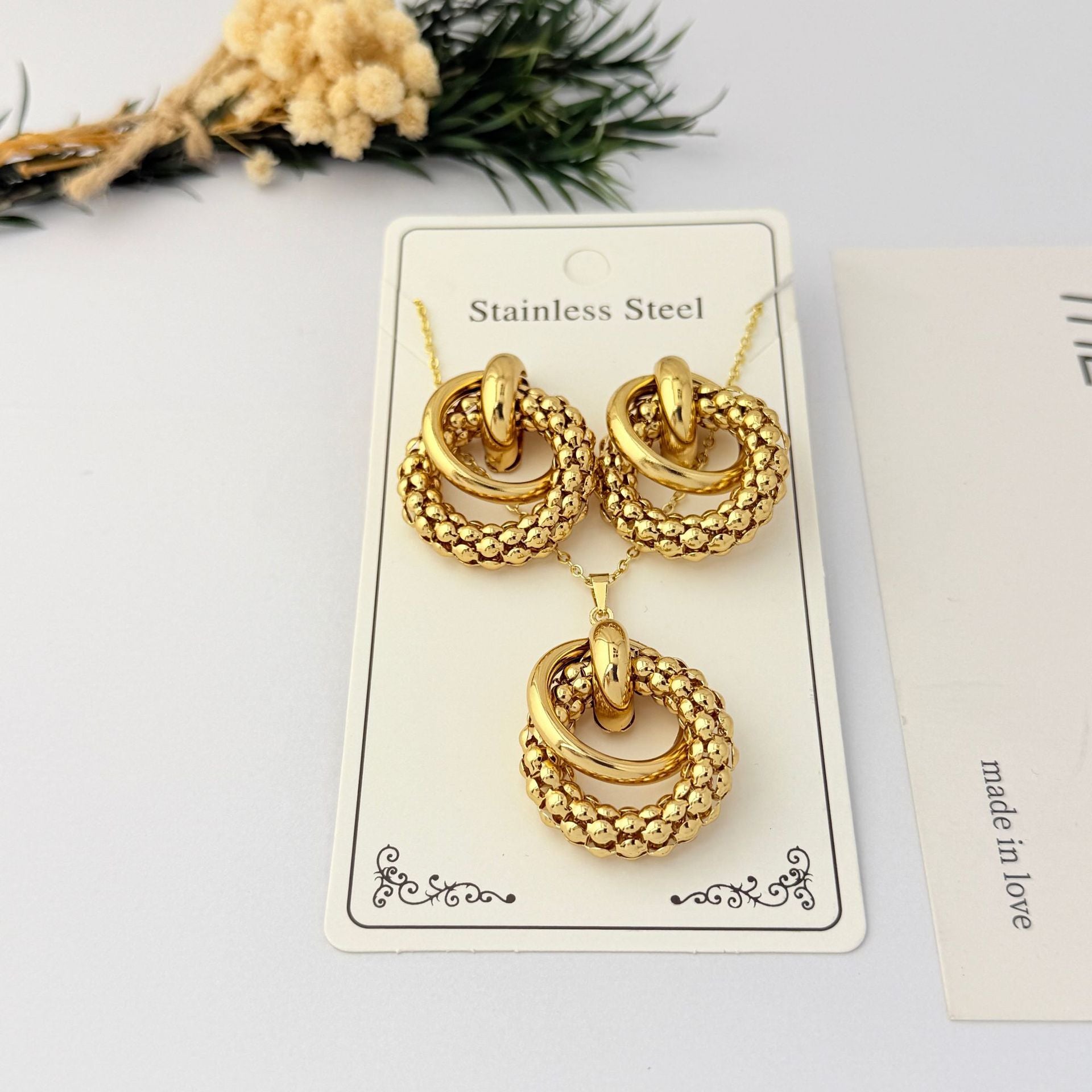Wholesale Geometric Gold Plated Stainless Steel Necklace Earring Set for Party Boutique Jewelry