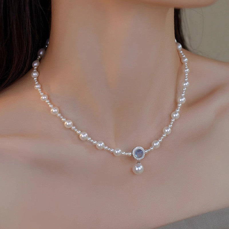 Wholesale  aquamarine pearl necklace light luxury clavicle chain