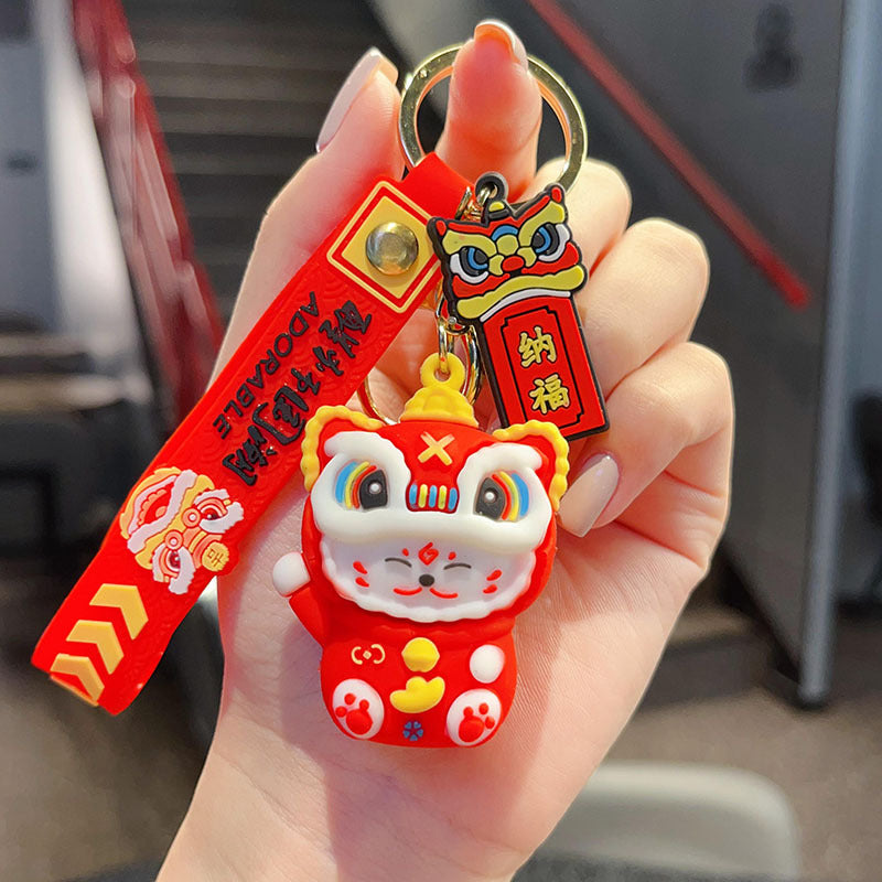 Wholesale Trendy Lion Dance Lucky Cat 3D PVC Keychain Cartoon Bag Car Hanging Ornament Decorative Gift Resale