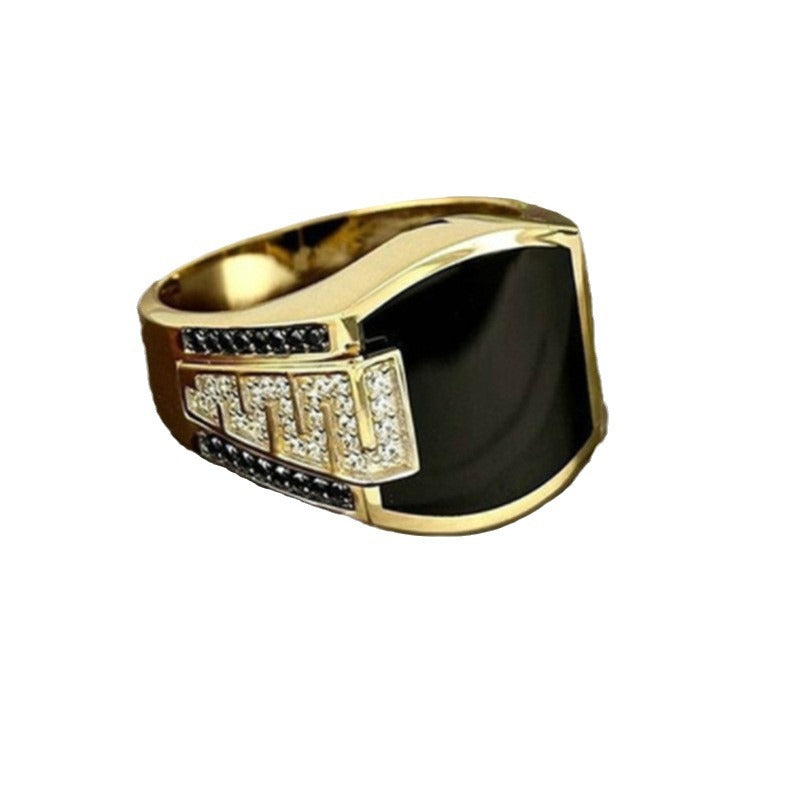 Wholesale Gold Wide Face Black Diamond Men' s Ring