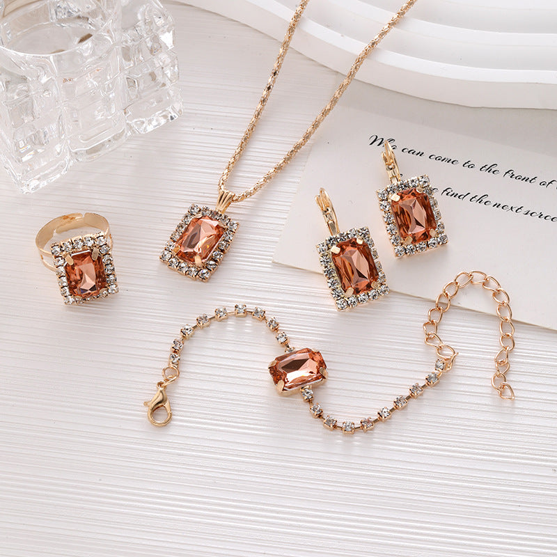 Wholesale Geometric Square Diamond Necklace Ring Bracelet Earring Sets ACC-NE-ChaoKai015