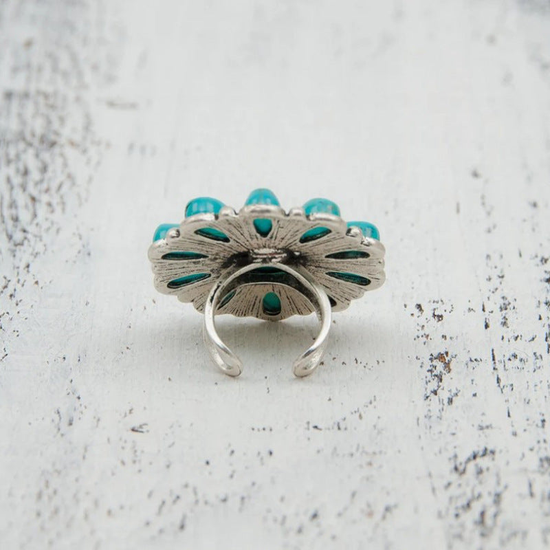 Wholesale Retro Bohemian Turquoise Ring Exaggerated Flower Open Ring