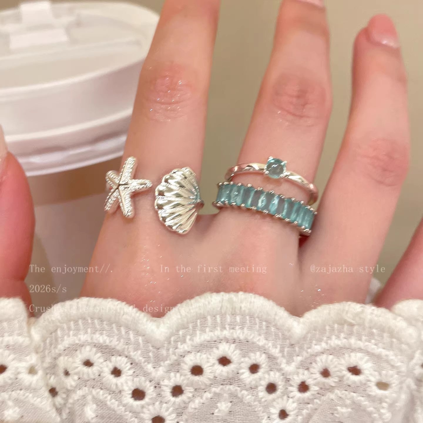 Wholesale Blue Starfish Seashell Open Ring for Women,  Trendy Coastal Vacation Style Copper Jewelry Accessory