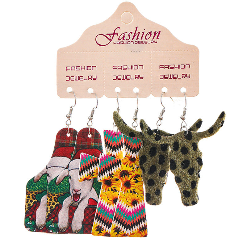 Wholesale 2 Sets Christmas Earrings Set Western Style PU Leather Bull Head Cactus Sunflower Horseshoe Teardrop Earrings ACC-ES-HY131