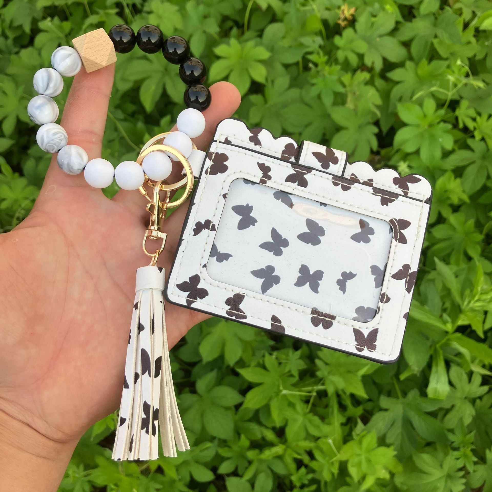 Wholesale Leopard Plaid Western Style Card Holder Silicone Beaded Wristlet Keychain ACC-KC-QiuXue011