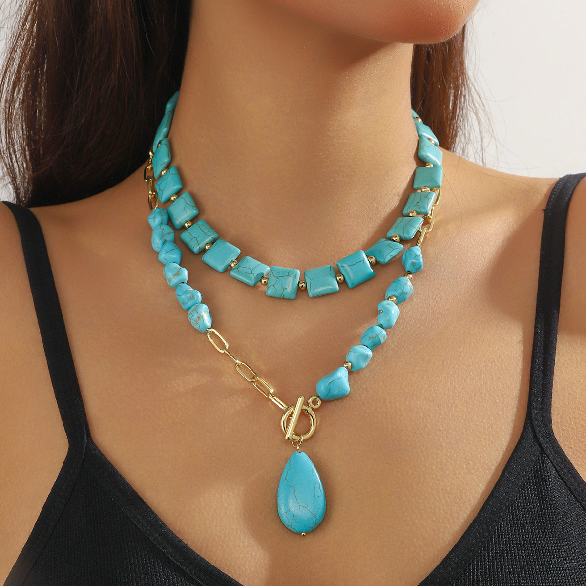 Wholesale Natural Turquoise Beaded Bohemian Ethnic Style Double-Layer Necklace