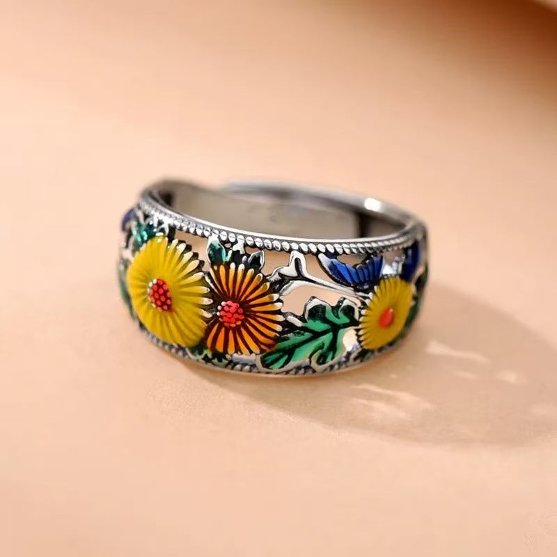 Wholesale Enamel Sunflower Ring Copper Vintage Adjustable Jaw Jewelry Accessory