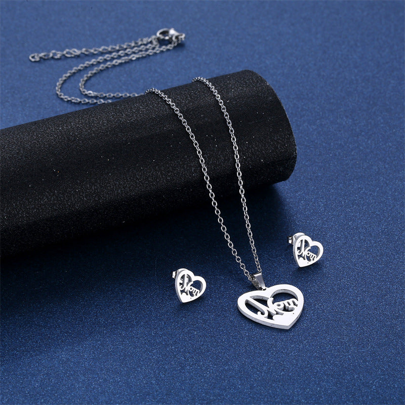 Wholesale Titanium Steel Heart Shape MOM Pendant Stainless Steel Earrings Necklace Set Mother's Day ACC-ES-MinM023