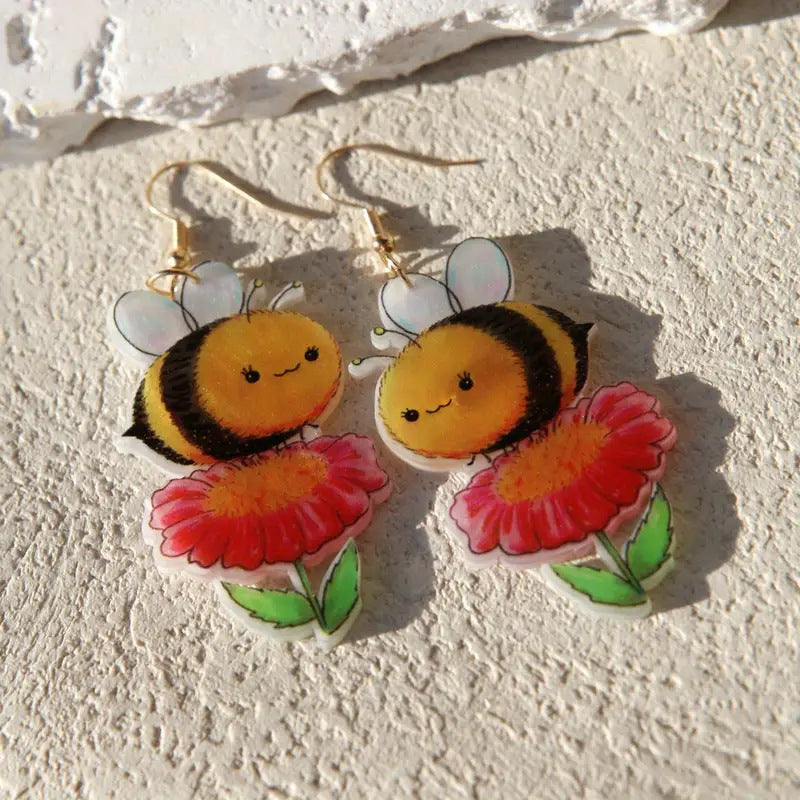 Wholesale  cute flower picking little bee acrylic animal earrings