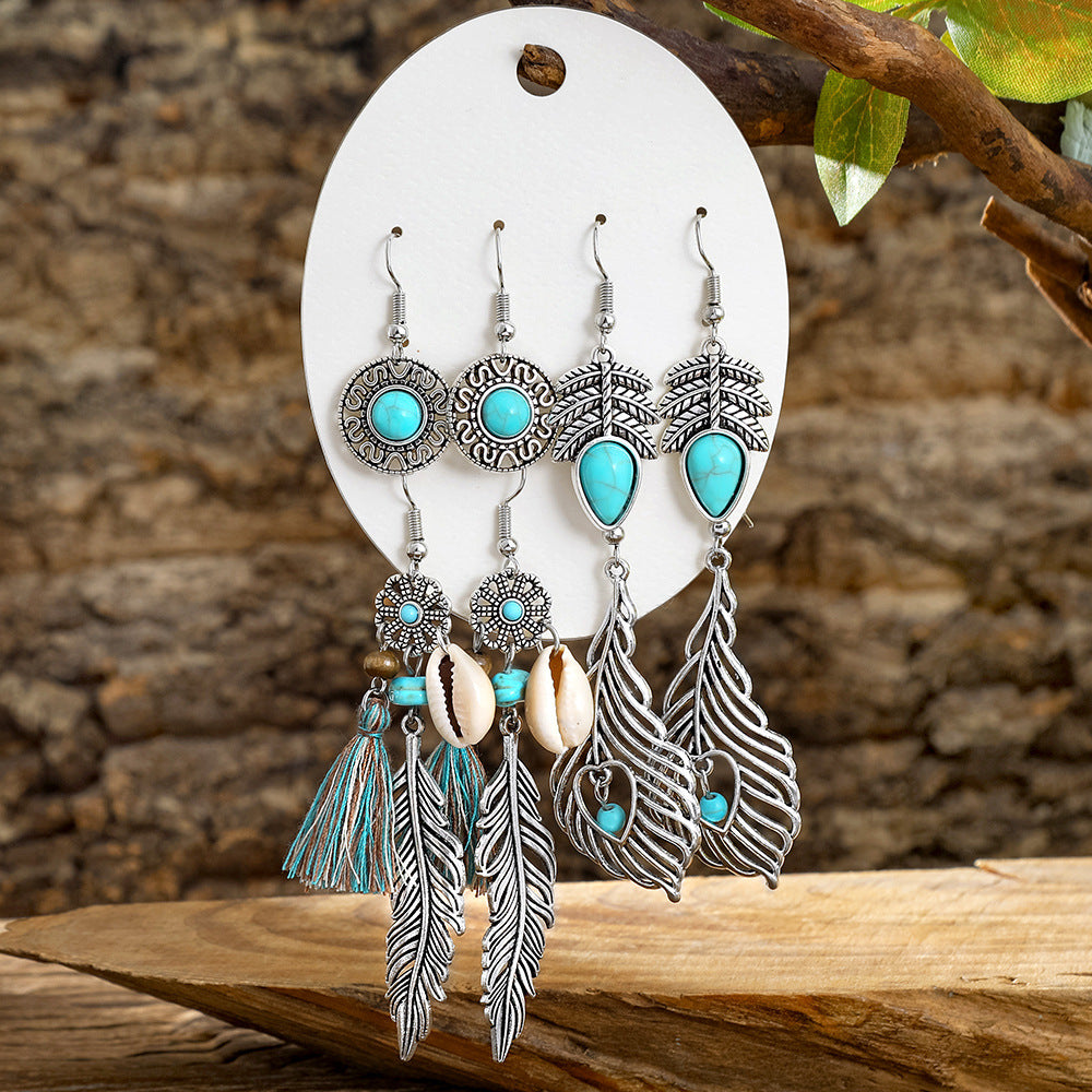 Wholesale Turquoise Tassel Earrings Set - Bohemian Ethnic Style
