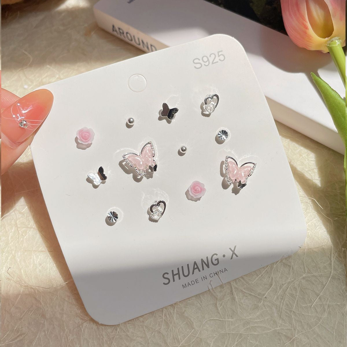 Wholesale Summer butterfly earrings set versatile exquisite zircon pink earrings