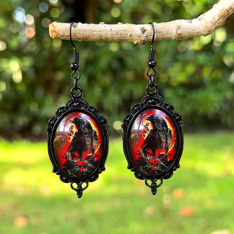 Wholesale Halloween Black Crow Time Gemstone Pendant Earrings