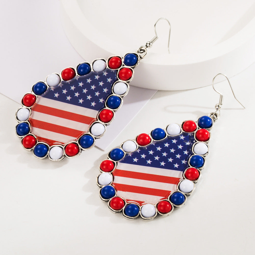 Wholesale alloy set acrylic diamond red white blue print earrings