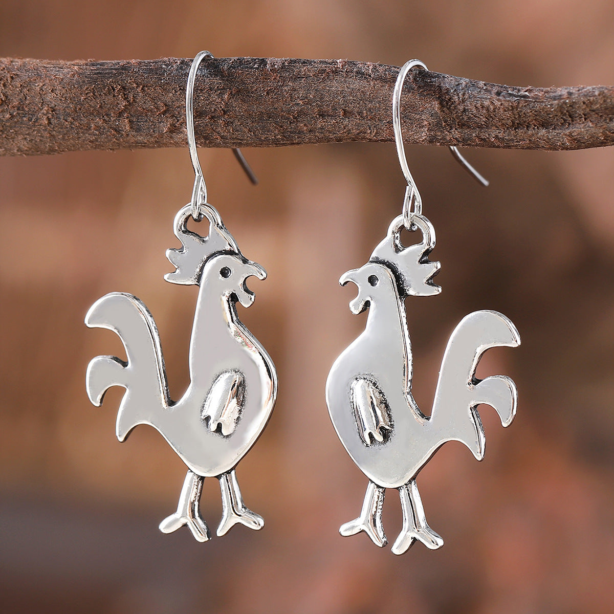 Wholesale Vintage Rooster Pendant Earrings,  Zinc Alloy Ancient Silver Pair,  Trendy Animal Jewelry for Women Party Gift