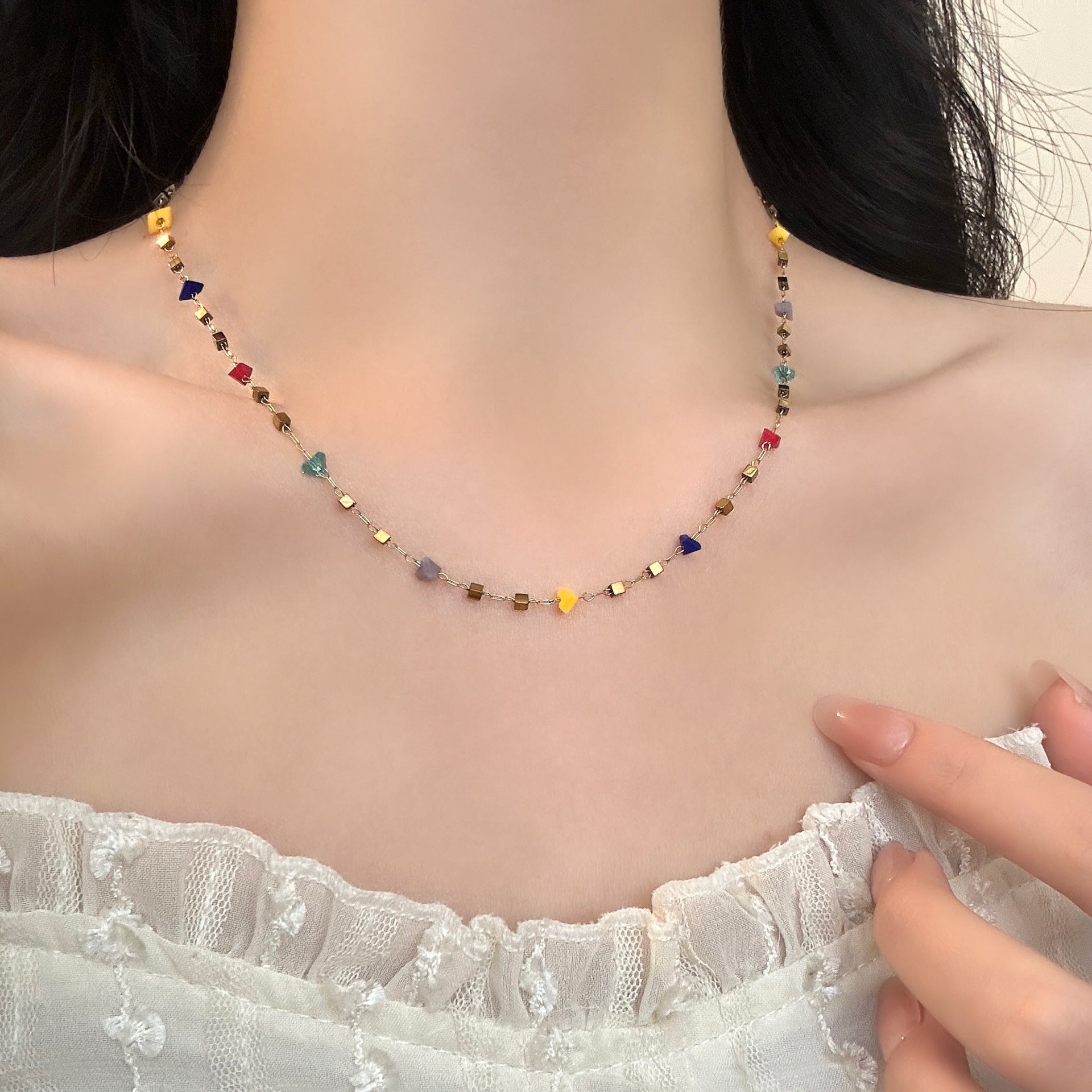 Wholesale Light Luxury Dopamine Style Square Titanium Steel Necklace with Colorful Zirconia