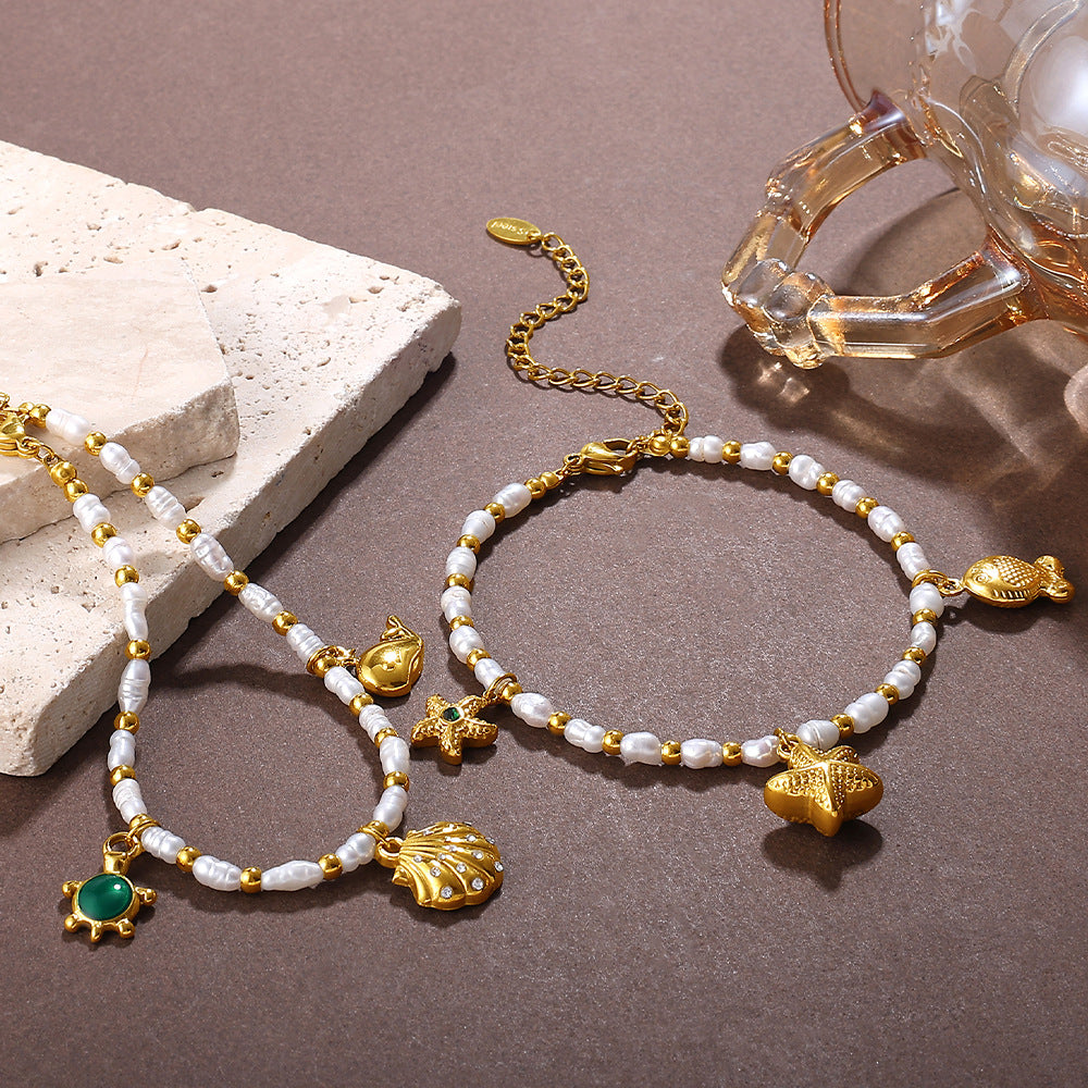 Wholesale  Fashion Creative Ocean Theme Freshwater Pearl DIY Dolphin Pendant Bracelet Plated with 18K Gold Niche Jewelry for Women