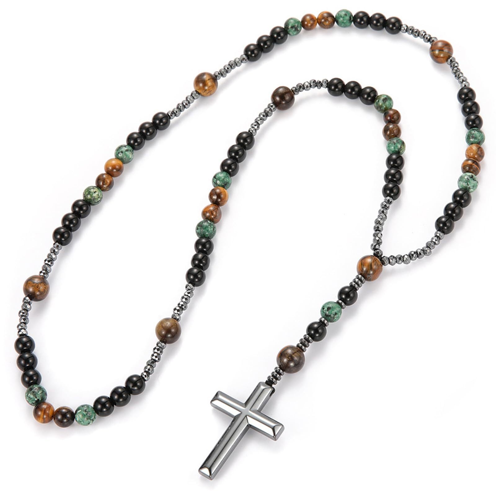 Wholesale Volcanic Stone Cross Necklace Natural Tiger Eye Black Gallstone Silver Spacers Chic Jewelry Accessory