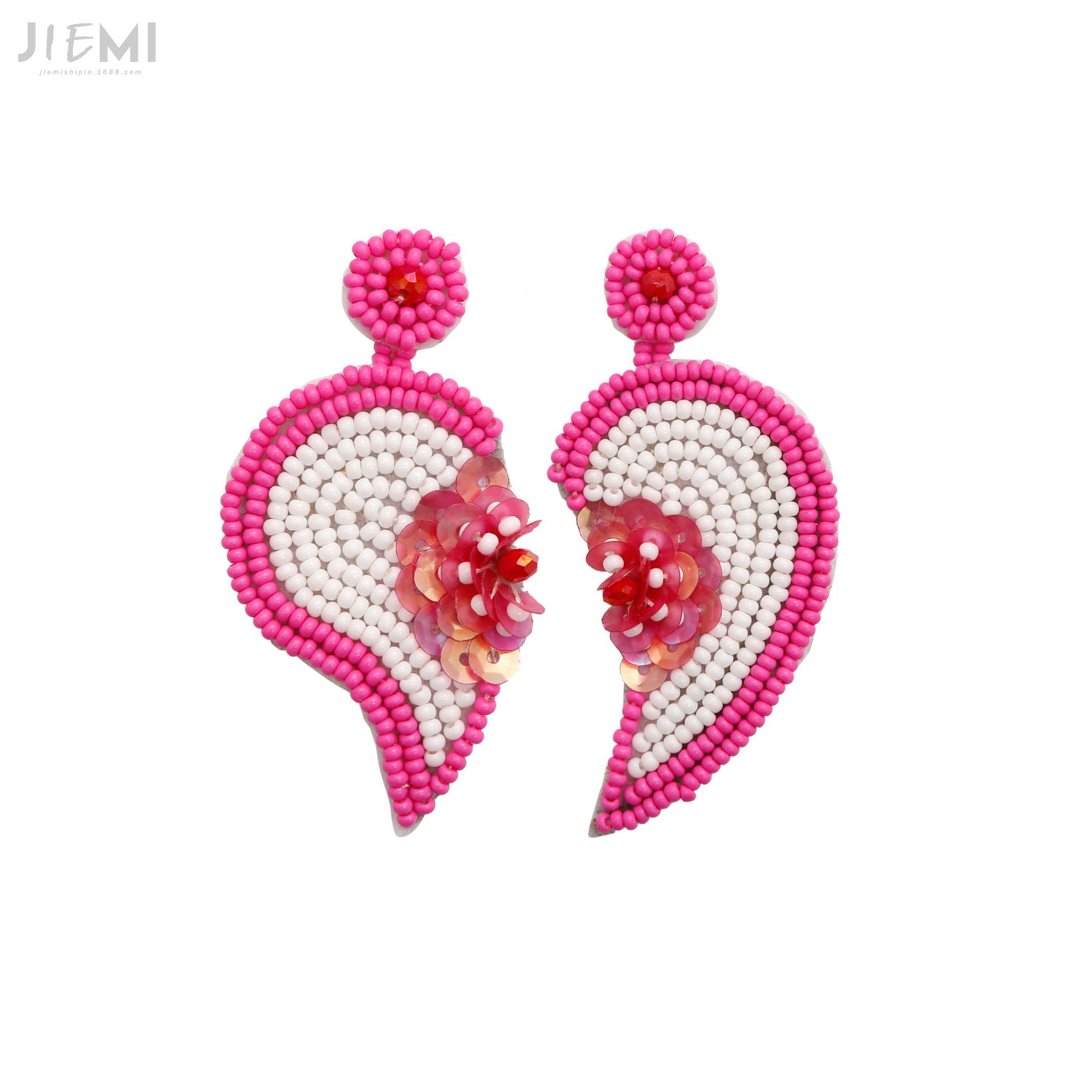 Wholesale Valentine's Day Handwoven Heart Flower Asymmetric Sequined Rice Bead Earrings