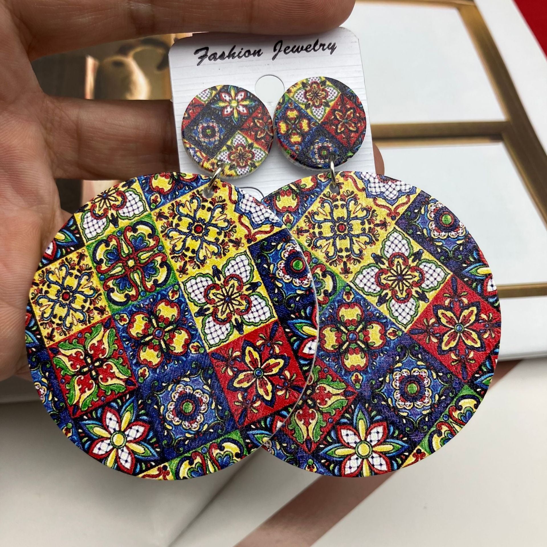 Wholesale Ceramic Pattern Bohemian Wood Cotton and Linen Earrings ACC-ES-FX009