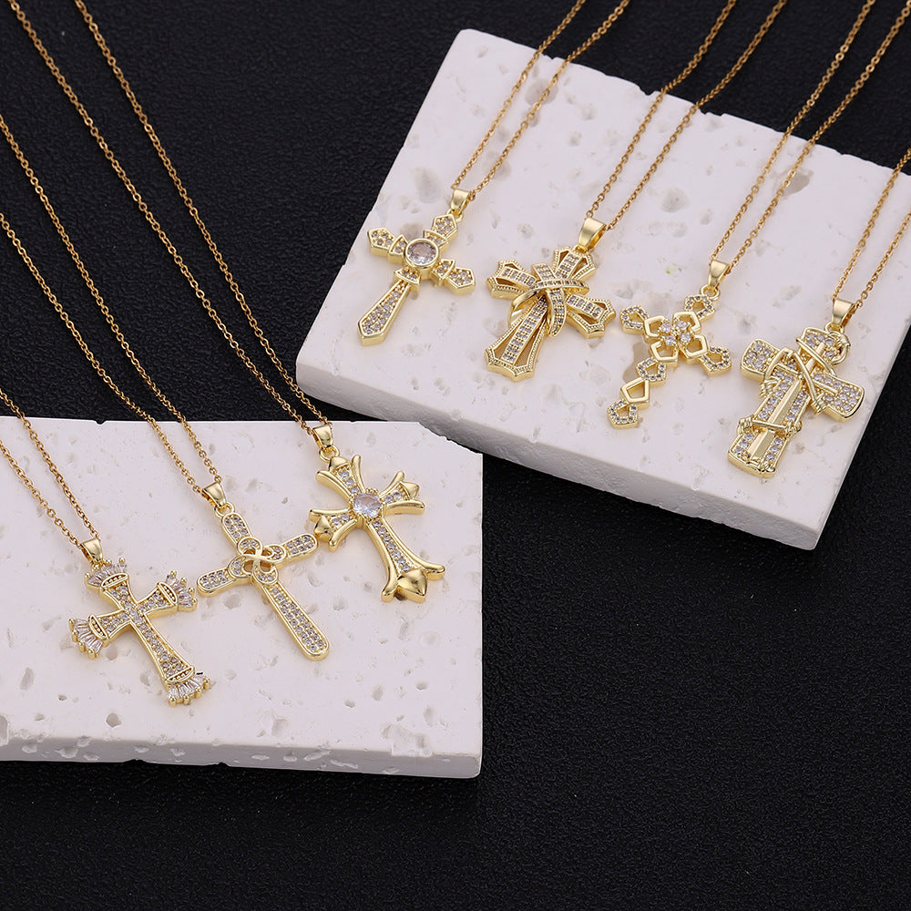 Wholesale Copper Electroplated Zircon Cross Pendant Necklace For Women Fashion Jewelry Accessory Gift